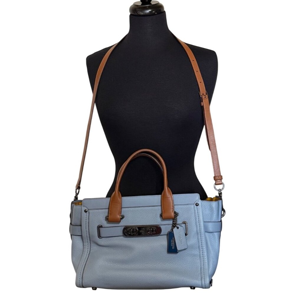 Coach Swagger 27 Light Blue Leather Zip-Top Handbag + Yellow Leather Wallet-READ